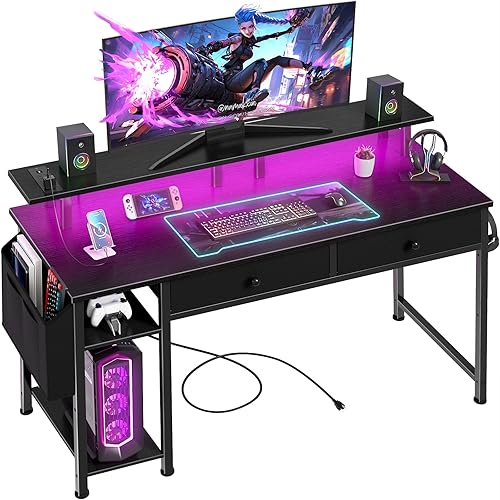 Black Computer Desk with Shelves and Drawers - 47 Inch Home Office Desk with Drawers and Shelves, Small Black Desk with Shelves, Computer Desk with Monitor Stand, RGB Gaming Desk with Power Outlet - Black - 47.2"