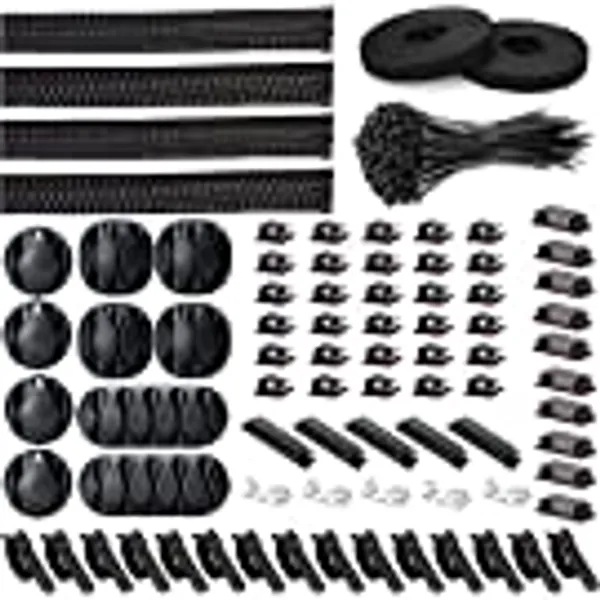 181pcs Cable Management Kits, 100 Fastening Cable Ties with 4 Wire Organizer Sleeve, 10pcs and 2 Roll Self Adhesive Ties 35 Wire Clips, 10+15 Desktop Cable Holder for TV Office Home Electronics