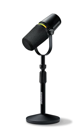 Shure MV7+ Podcast Microphone with Stand. Enhanced Audio, LED Touch Panel, USB-C & XLR Outputs, Auto Level Mode, Digital Pop Filter, Reverb Effects, Podcasting, Streaming, Recording - Black - Gen 2