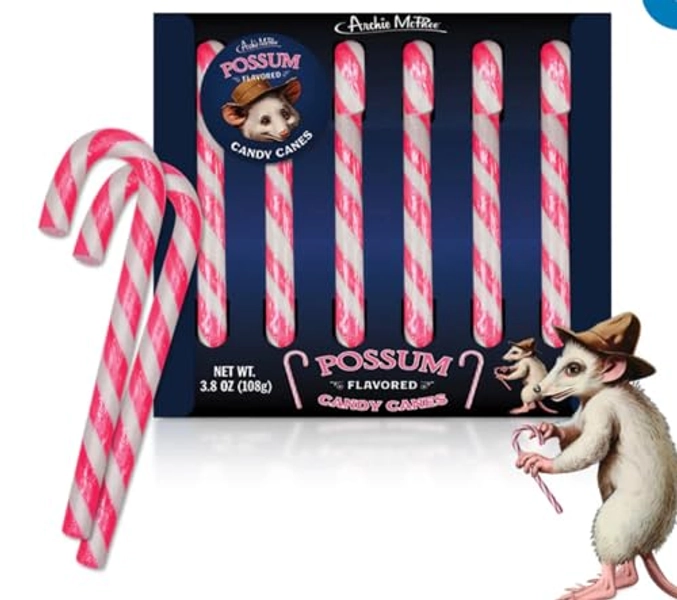 Archie McPhee Possum Flavored Pink & Gray Striped Candy Canes - Stocking Stuffers - Christmas Candy Canes - Gift Box of 6 pieces Fun Novelty Candy Canes