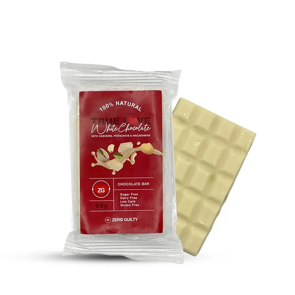 TRUE LOVE WHITE CHOCOLATE BAR WITH CASHEWS, PISTACHIOS AND MACADAMIAS by Zero Guilty Us