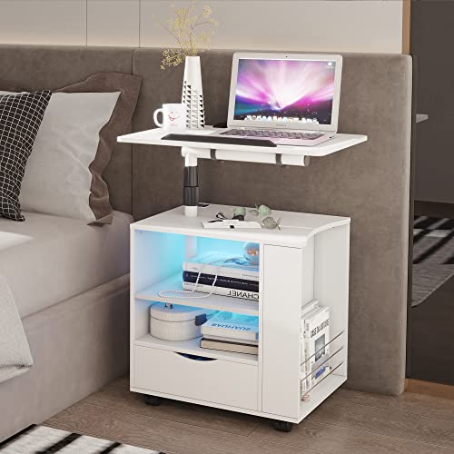 dnbss LED Nightstand with Charging Station, 360° Swivel Bedside Table with Wheels and Drawer, Smart Night Stand with Laptop Table for Bedroom, Modern End Side Table (White) - White - Right Side