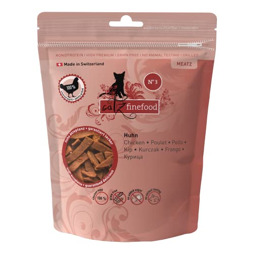 catz finefood Meatz Katzen Leckerlies Huhn N° 3 - knusprige Fleischstreifen, gegrilltes Hühnerfleisch mit Biotin für gänzendes Fell - Katzensnack ohne Zucker, getreidefrei, 45g - Huhn