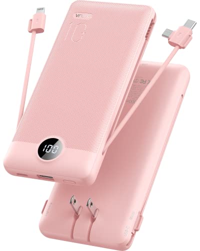 VRURC 10000mAh Portable Charger with Built-in Cables and AC Wall Plug Ultra Slim Power Bank USB C Phone Charger 5 Output 2 Input External Battery Pack LED Display Compatible with All mobilephone-Pink - 10000mAh Pink