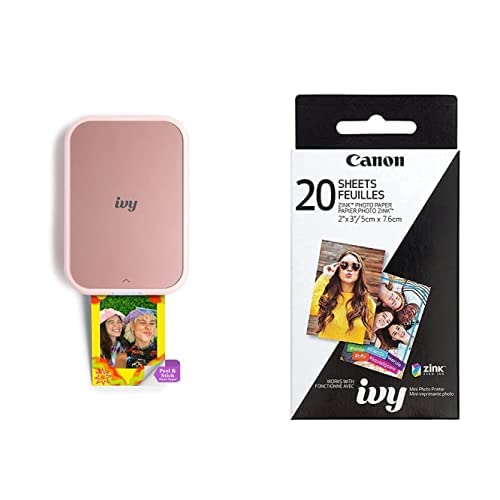Canon IVY 2 Mini Photo Printer, Print from Compatible iOS & Android Devices, Sticky-Back Prints, Blush Pink + Canon Zink Photo Paper Pack(20 sheets) - Ivy 2 - Pink - Printer + 20 Square Sheets