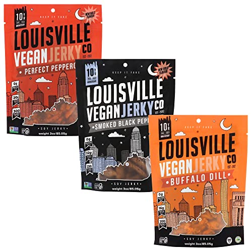 Louisville Vegan Jerky - Variety Pack, Vegetarian & Vegan-Friendly Jerky, 18-21 Grams of Protein, Includes Smoked Black Pepper, Perfect Pepperoni, & Buffalo Dill (3 oz, 3-Pack)