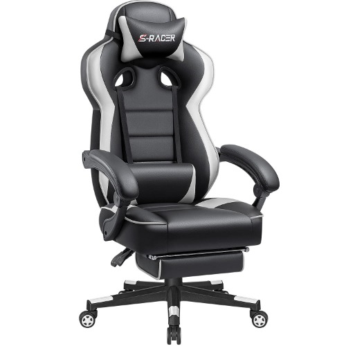 Homall Gaming Chair Racing Style Reclining Chair Ergonomic Home Office Computer Chair High Back PU Leather Adjustable Swivel Big and Tall Chair with Footrest (White) - White