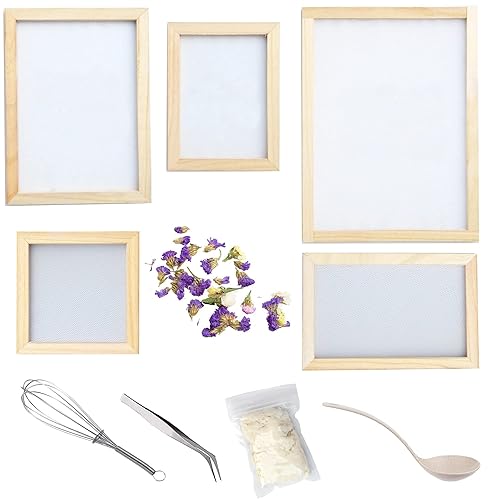 NA Cayway 11 Pack Paper Making Screen Kit Include 5 PCS Wooden Paper Making Mold Frame, Dried Flowers, Replace Mesh Cloth, Spoon Stirrer and Tweezers for DIY Dried Flowers Paper Craft - Style 3