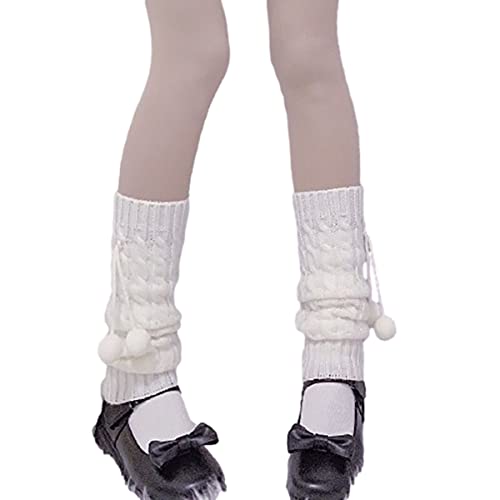 Jilneed Long Leg Warmers for Women Lolita Fashion Wool Cable Knit Thigh High Leg Warmers Loose Socks - White