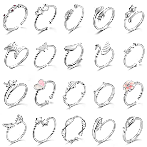 20 Pcs Adjustable Rings Set for Women - Finger Rings Pack Stackable Rings for Teens- Cute Rings for Teen Girls -in Gold and Silver Tone - #2-silver tone