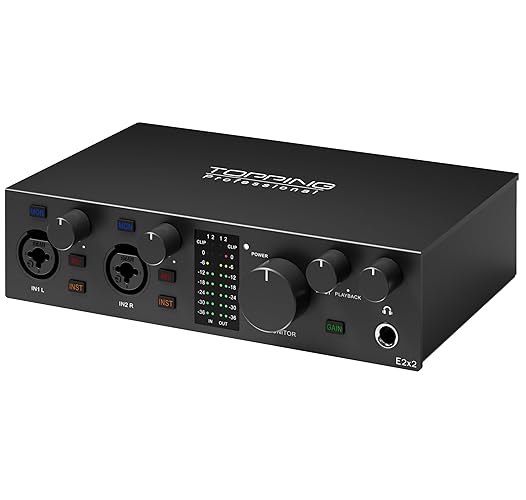 TOPPING E2X2 USB Audio Interface - High-Performance Mixer & Recording Interface for PC, Mac, iPhone & Android - Ultra-Linear Preamp, 48V Phantom Power, Low Noise, Real-Time Monitoring (Black) - E2x2-Black