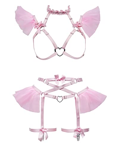 Women's Body Harness Full Strappy Lingerie Garter Belts Waist Set Elasticity Adjust Gothic Punk Club Rave Wear - Pink