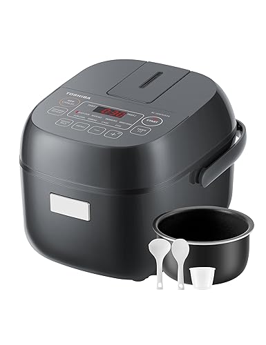 TOSHIBA Rice Cooker Small 3-Cup Uncooked– LCD Display with 8 Cooking Functions: Rice, Oatmeal, Mixed Grains and More, NonStick Inner Pot, Grey - Grey