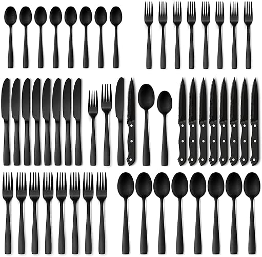 Hiware 48-Piece Matte Black Silverware Set with Steak Knives, Black Flatware Set for 8, Stainless Steel Tableware Cutlery Set, Utensil Sets for Kitchen - 48-Piece - Black