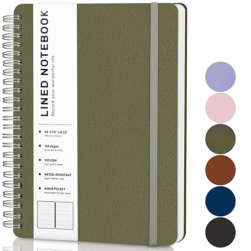 ABERLLS Green Lined Spiral Journal Notebook with 160 Pages, 8×5.7in, A5 Spiral Notebook, Journaling Notebooks for Work, School, Women, Men, College Ruled Spiral Notebook, Hardcover Leather Journals - Green