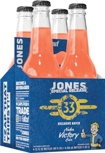 Four (4) Bottles of Jones Soda Co. Special Release - Nuka Cola Bottle Victory | Fallout Merchandise | Cane Sugar Soda | Craft Soda Pop | Soda Soft Drinks | Glass Bottle Soda | Peach & Mango Flavor - Nuka - 4 Bottles