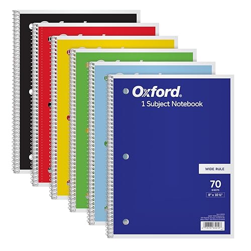 Oxford Spiral Notebook 6 Pack, Bulk Wide Ruled Spiral Notebooks for School, 1 Subject Journal, Wide Ruled Paper, 8 x 10-1/2 Inch, Blue, Yellow, Red, Light Blue, Green and Black, 70 Sheets (65010) - 6 Count (Pack of 1)
