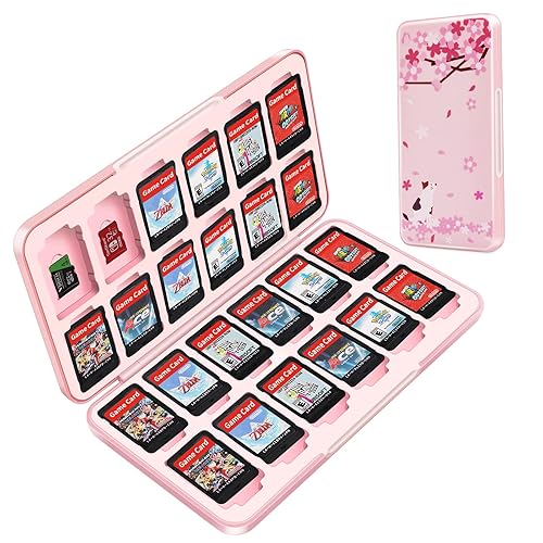OLDZHU Cute Switch Game Case Holder Compatible with Nintendo Switch&Switch OLED Game,Switch Game Card Case Storage for 24 Games Cartridges and 24 Micro SD Card,Portable Pink Switch Game Case for girls - Cherry blossoms