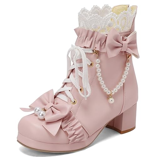 LUXMAX Women Cute Lolita Boots Chunky Mid Heel Ankle Boots with Bow Platform Lace Up Booties with Pearl - 8.5 - Pink