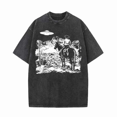 UFO And Western Cowboy Print Vintage Washed T-shirt - Black / L (Bust 108 cm)