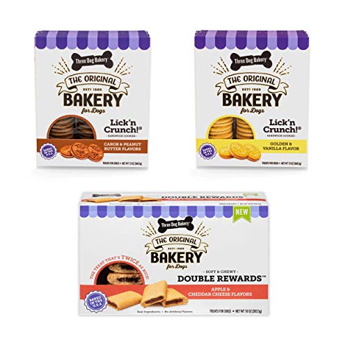 Three Dog Bakery Classic Cookies Variety Pack Premium Treats for Dogs, Carob/Peanut Butter, Golden/Vanilla, & Double Reward, 36 Ounces, 3-Pack