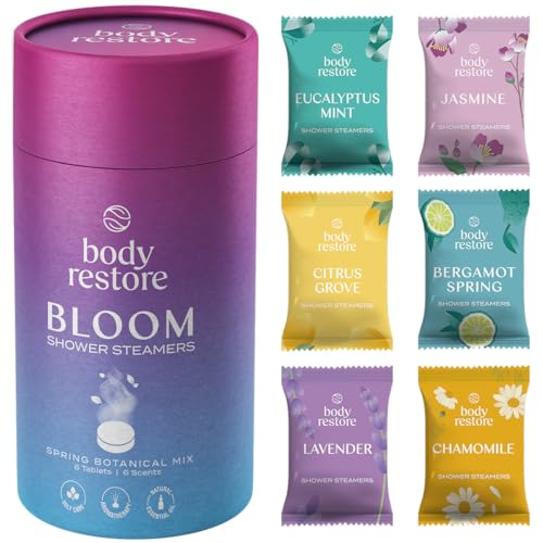 Shower Steamers Aromatherapy 6 Pack - Christmas Gifts Stocking Stuffers, Relaxation Birthday Gifts for Women and Men, Stress Relief and Luxury Self Care, Bloom - BodyRestore - 6 Count (Pack of 1) - Bloom