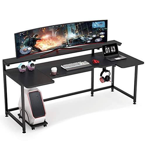 Tribesigns 74.8 Inch Gaming Desk, Extra Long U Shaped Computer Desk with Monitor Stand Shelf and CPU Stand, Black Gamer Desk for Home Office, Gaming - Black