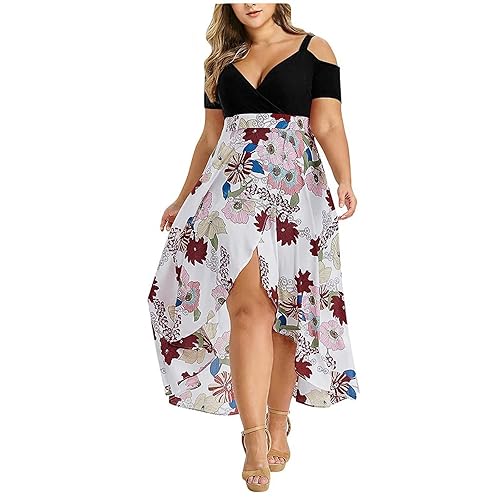 Summer Dresses for Women 2024 Plus Size Wedding Guest Dress Casual Print Boho High Low V-Neck Maxi Beach Dress - X-Large - 01b-black