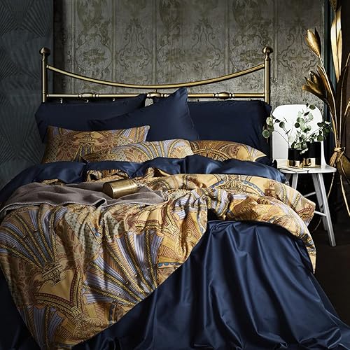MorroMorn Gold Duvet Cover Queen Size, Boho Bedding Sets Yellow Navy, 3 Pieces - 1 Comforter Covers with Zipper Closure 2 Pillowcases, Hippie Vintage Retro Old Look (Golden Palace, Full/Queen) - Full/Queen - Golden Palace