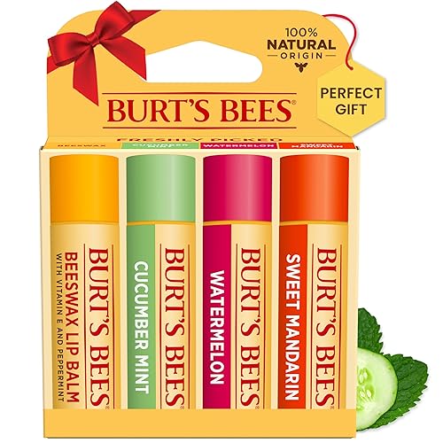 Burt's Bees Lip Balm Stocking Stuffers, Moisturizing Lip Care Christmas Gifts, Freshly Picked - Original Beeswax, Cucumber Mint, Watermelon, & Sweet Mandarin, Natural Origin Treatment (4-Pack) - Freshly Picked - 4 Count (Pack of 1)
