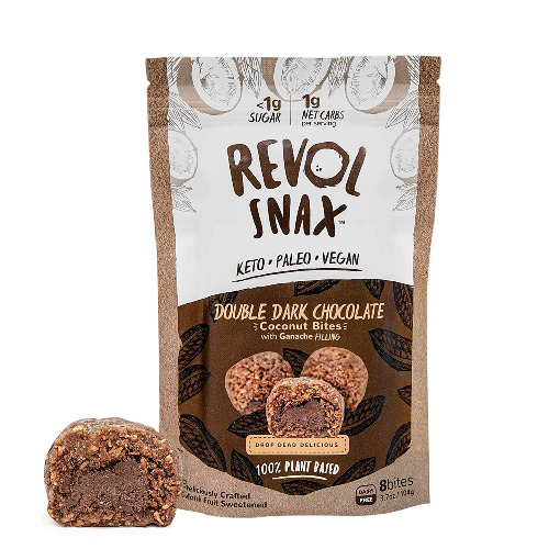 Revol Snax - Chocolate Cookie Bites with Ganache Filling, Plant-Based Keto Bites, Coconut Chocolate Low Carb Snack, 4 Pack, Double Dark Chocolate