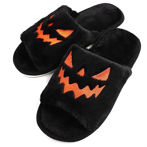 TITTOK Spooky Slides Halloween Slippers Jack O Lantern Pumpkin Soft Plush Cozy Open Toe Indoor Outdoor Fuzzy Slippers Gifts For Girls Women Girlfriend Men - 9-10 Women/8-9 Men - Black