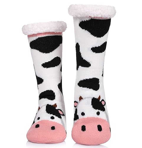 Warm Cute Fuzzy Slipper Socks - Cow-black and White)