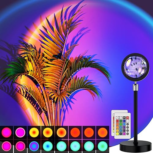Bavcieu Sunset Lamp Projection Led Lights with Remote, 16 Colors Night Light 360° Rotation Rainbow 4 Modes Setting for Photography/Selfie/Party/Home/Living Room/Bedroom Decor, Gifts Women - remote type 01