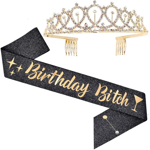 LATFZ Birthday Bitch Sash & Crown Tiara Kit - Black Glitter Birthday Sash Birthday Gifts for Women Birthday Party Supplies