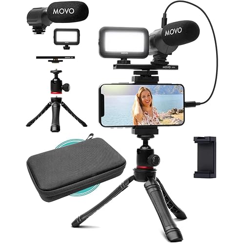 Movo iVlogger Vlogging Kit for iPhone - Lightning Compatible YouTube Starter Kit for Content Creators - Accessories: Phone Tripod, Phone Mount, LED Light and Shotgun Microphone - Lightning