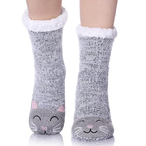 Cozy Non-Slip Winter Slipper Socks - Gray Cat