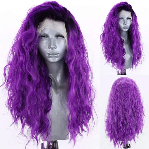 RONGDUOYI Loose Wave Ombre Purple Lace Front Wigs for Women Girls 13x4 Free Part Pre Plucked Natural Hairline Synthetic Wig Dark Roots Purple Curly Cosplay Wigs 24 Inches,150% Density