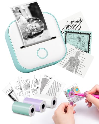 Mini Printer - T02 Label Maker with 3 Rolls Paper, Sticker Printer Machine, Inkless Portable Study Printer for Anatomical Diagram, Pictures, Journals, Receipts, Compatible with Phone & Tablet, Green - Green - 1 Printer + 3 Rolls Paper