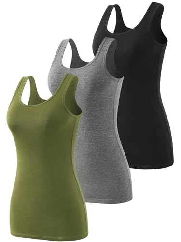 Air Curvey Womens Basics Tank Tops Cotton Sleeveless Tanks Layering Undershirt 2-3 Pack - X-Large - Black Darkgrey Army Green
