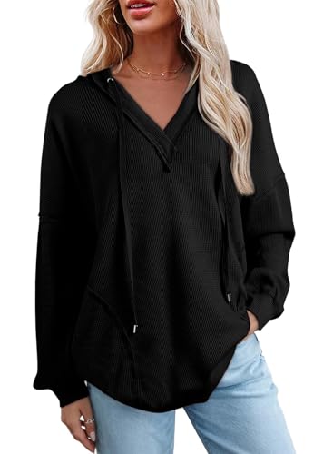 AlvaQ Women Oversized Hoodies Casual Long Sleeve V Neck Drawstring Hooded Sweatshirts Waffle Knit Tops Trendy 2024 - Large - Black