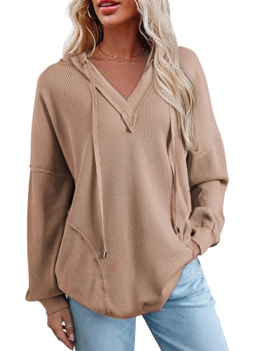 AlvaQ Women Oversized Hoodies Casual Long Sleeve V Neck Drawstring Hooded Sweatshirts Waffle Knit Tops Trendy 2024 - Large - Beige