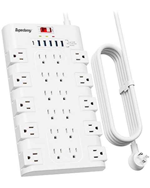 SUPERDANNY Power Strip Surge Protector with 22 AC Outlets and 6 USB Charging Ports, 6.5Ft Mountable Flat Plug Extension Cord (1875W/15A) for Home, Office, Dorm, Gaming Room, 2100 Joules, White