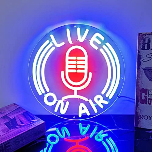 Live on Air Neon Sign, Handmade Microphone Live on Air LED Neon Light, Red Blue Illusion Live on Air Night Lamp for Studio, Bar Beer Pub Party Gamer Room Office Wall Decor Bedroom Birthday Gift - 12''