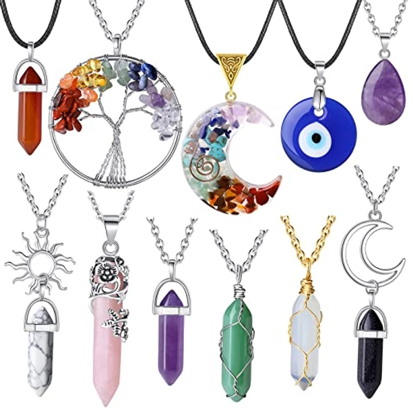 XIANNVXI 11Pcs Crystal Necklace Amethyst Rose Quartz Carnelian Obsidian Aventurine Chakra Stone Jewelry Evil Eye Vintage Wiccan Boho Moon Sun Tree of Life Gemstone Pendant for Women Girls Wholesale
