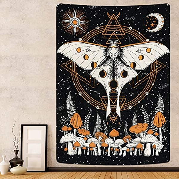 Krelymics Moth Tapestry Mushroom Tapestry Sun and Moon Tapestries Moon Phase Tapestry Celestial Star Tapestry Wall Hanging for Room(51.2 x 59.1 inches)
