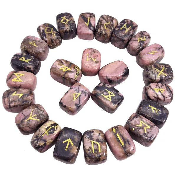 favoramulet Natural Rhodonite Futhark Viking Rune Stone Set, Engraved Letter Norse Witchcraft Healing Crystal Reiki Gemstones Irregular Shaped, 25Pcs - Pink Rhodonite