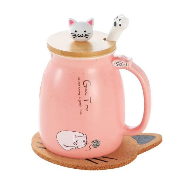 Cat Mug Cute Ceramic Coffee Cup with Lovely Kitty Lid, Cat Paw Spoon,kawaii coaster,Novelty Morning Cup Tea Milk Christmas Mug 380ML - Pink