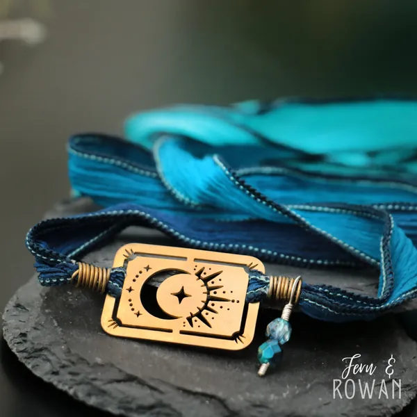 Moon Tarot Card Silk Wrap Bracelet, Gold Moon Sun and Star Bracelet, Blue Celestial Bracelet for Women, Festival Jewelry | Fern & Rowan