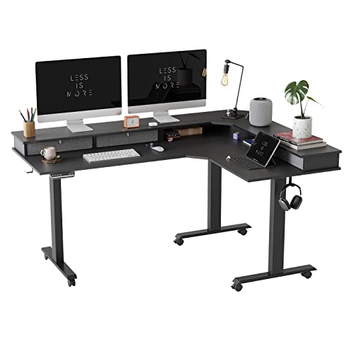 FEZIBO Triple Motor 63" L Shaped Standing Desk with 3 Drawers, Electric Standing Gaming Desk Adjustable Height, Corner Stand up Desk with Splice Board, Black Frame/Black Top - 3 Desktop Drawers - Black
